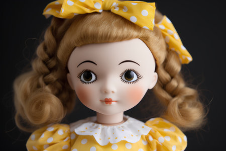 Close-up of a doll in a yellow polka dot dressの素材