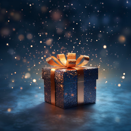 Gift box with golden bow on dark background. 3d renderingの素材