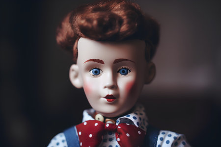 Retro doll with red hair and blue bow tie on a dark backgroundの素材