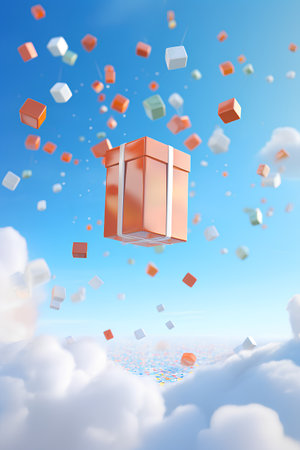 3d rendering of a flying gift box with flying paper cubes in the skyの素材
