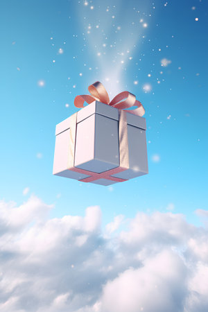 Gift box flying in the sky. 3d render illustration.の素材