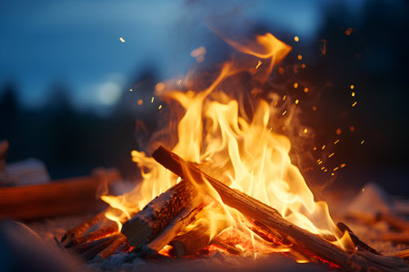 Bonfire in the forest at night. Close-up image.の素材