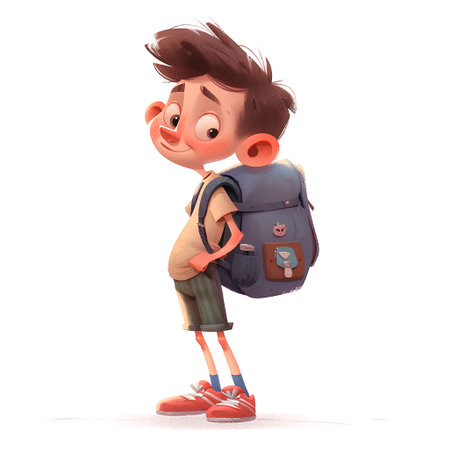 Boy with backpack isolated on white background. 3D illustration. Cartoon character.の素材
