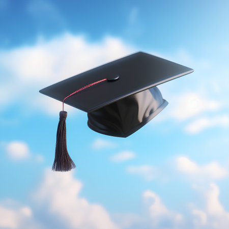 Graduation cap on blue sky background. 3d render illustration.の素材