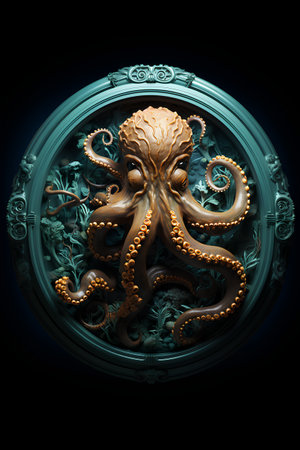 Octopus on a round frame. 3d render illustration on black backgroundの素材