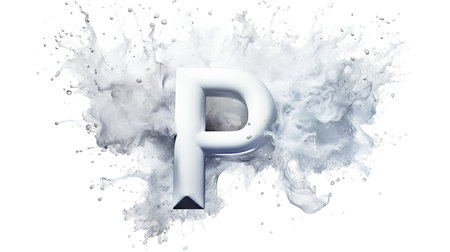 Letter P in water splash, isolated on white background. 3d rendering.の素材