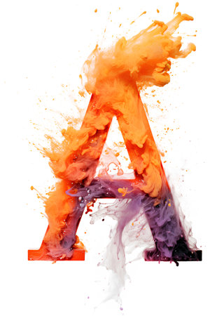 Letter A from the alphabet of the orange and purple paint splashes isolated on white backgroundの素材