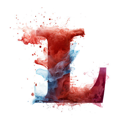 Letter I painted in red, blue and orange ink splashes isolated on white backgroundの素材