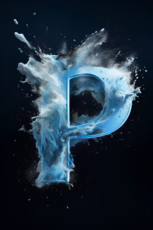 Blue water splash font, letter P. 3D rendering isolated on black backgroundの素材