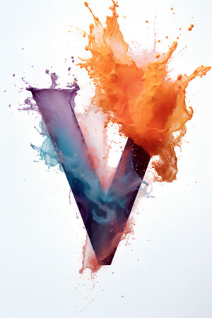 Letter V uppercase with colorful watercolor splashes, isolated on white backgroundの素材