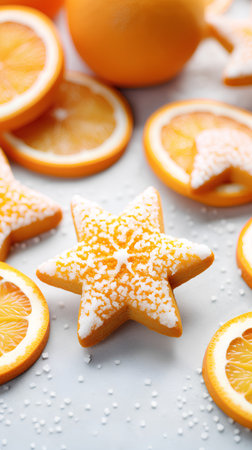 Christmas cookies in the form of stars and oranges on a white backgroundの素材