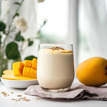 Healthy mango smoothie with chia seeds in glass, selective focusの素材