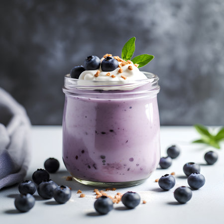 Blueberry smoothie with granola and yogurt in a glass jar, selective focus.の素材