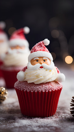 Christmas cupcake with santa claus and snow on dark backgroundの素材