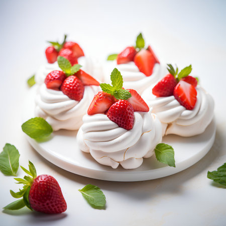 Mini Pavlova meringue dessert with fresh strawberries and mint leaves.の素材