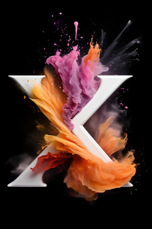 Letter X made of colored ink splashes, isolated on black backgroundの素材