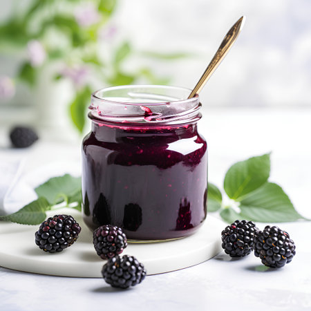 Blackberry jam in a glass jar on a light background. Selective focus.の素材
