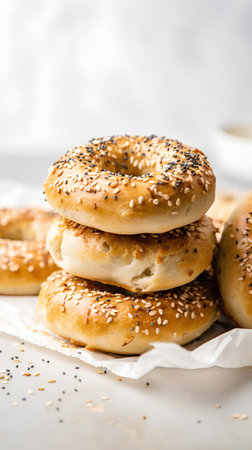 Bagels with sesame seeds on a light background. Close-up.の素材