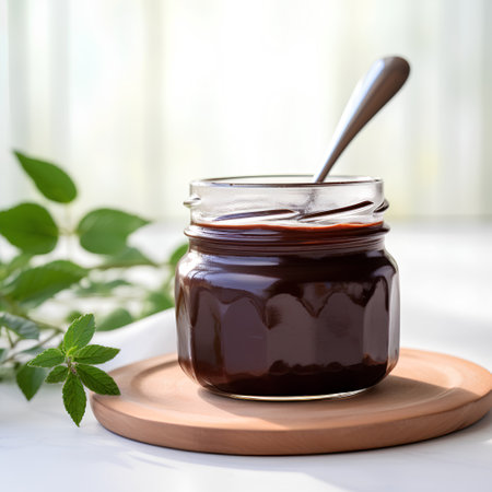 Chocolate sauce in a glass jar with a spoon on a wooden boardの素材