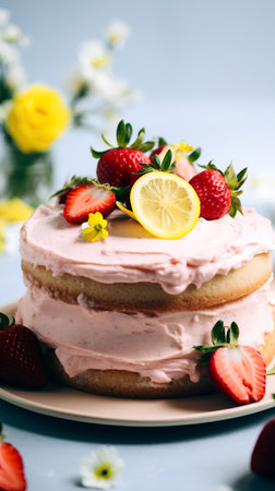 Cake with strawberries, lemon and flowers on a blue background.の素材