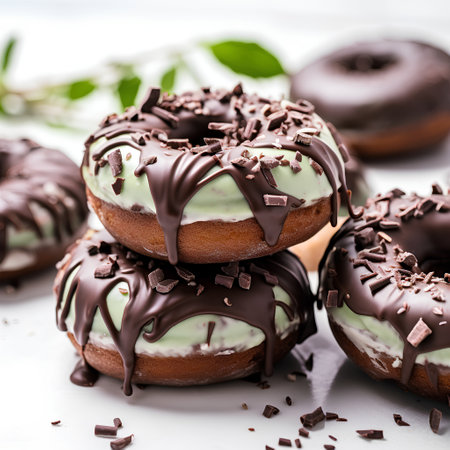 Donuts with chocolate glaze on a white background. Selective focus.の素材