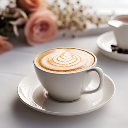 Cup of cappuccino with latte art on tableの素材