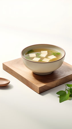 Japanese miso soup with tofu and herbs on a wooden board. 3d renderingの素材