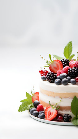 Delicious cake with fresh berries and mint on a white background.の素材