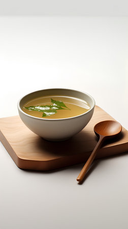 Japanese miso soup in a bowl and wooden spoon on white backgroundの素材