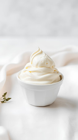 Creamy sour cream in a white bowl on a light backgroundの素材