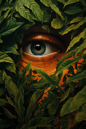 Beautiful woman's eye surrounded by tropical leaves. Vector illustration.の素材