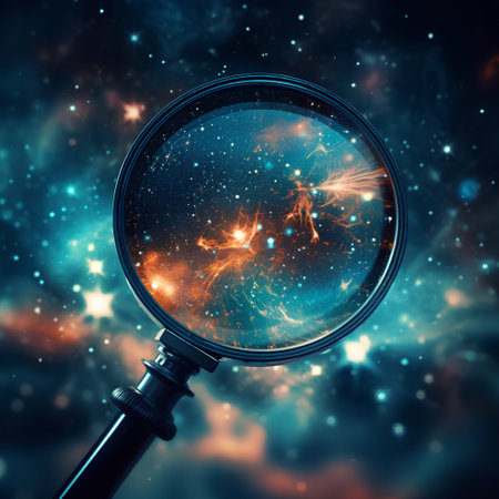 Magnifying glass on abstract space background. Science and technology concept.の素材