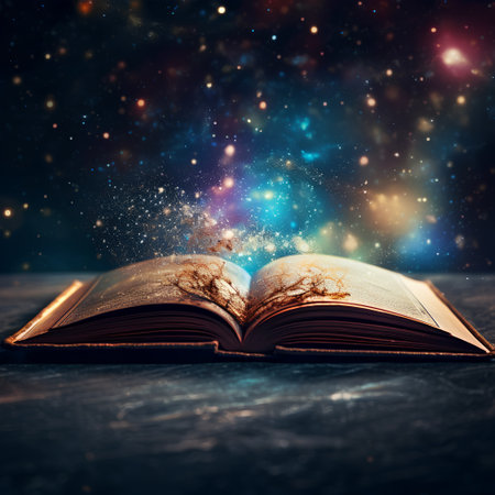 Open book with magic light and glitter bokeh on dark backgroundの素材