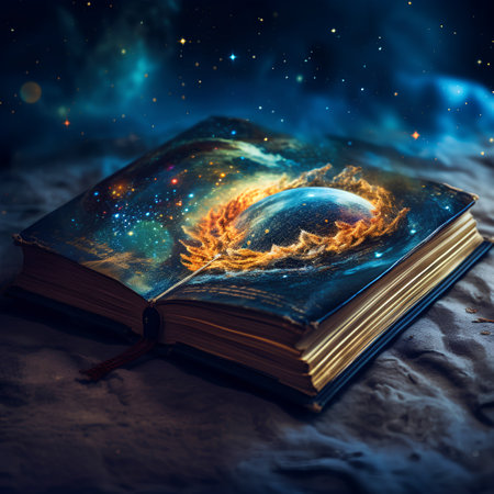 Open magic book with planet Earth in outer space. Space background.の素材