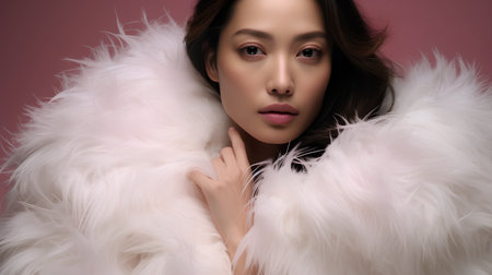 Beautiful young woman in a white fur coat on a pink backgroundの素材