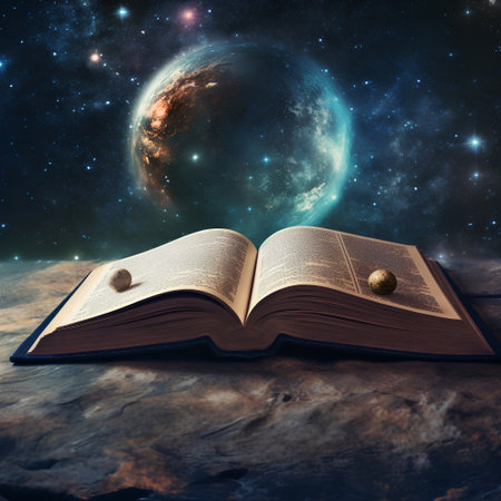 Open book with planet and stars in the background. 3d renderingの素材
