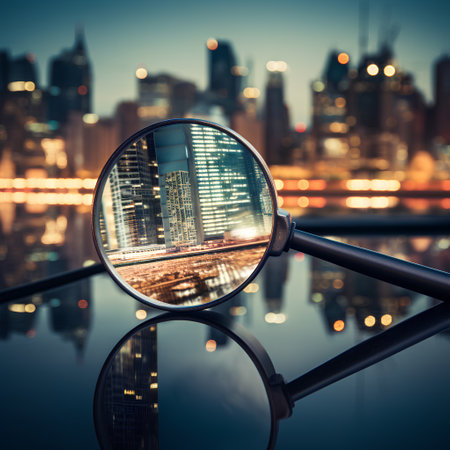 Magnifying glass on skyscrapers background. Business and finance concept.の素材