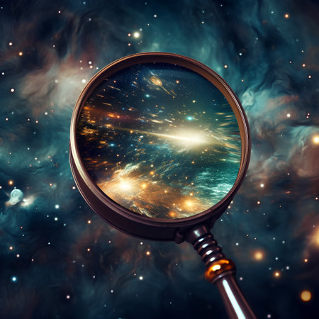 Magnifying glass on abstract space background. Elements of this image furnished by NASAの素材