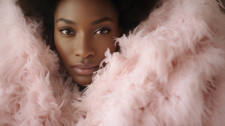 Beautiful african american woman in pink fur coat. Studio shot.の素材