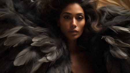 Fashion portrait of beautiful sexy woman in black fur coat and feathersの素材
