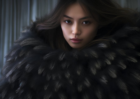 Beautiful young woman in a fur coat. 3d rendering.の素材