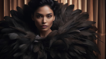 Portrait of a beautiful woman in a black feather boa.の素材