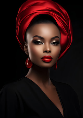 Beautiful african american woman with red headscarf on black backgroundの素材