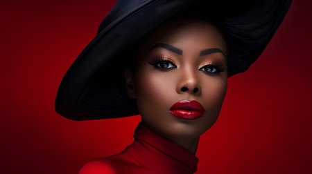 Beautiful african american woman with red lips and black hat on red backgroundの素材