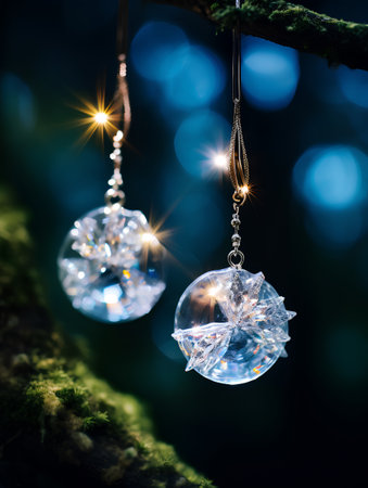 Beautiful Christmas decoration hanging on a tree branch with bokeh backgroundの素材