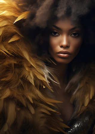 Beautiful african american woman with afro hairstyle and golden feathersの素材