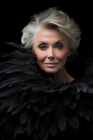 Portrait of a beautiful senior woman with angel wings over black backgroundの素材