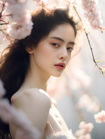 beautiful young asian girl in blooming sakura garden on spring dayの素材