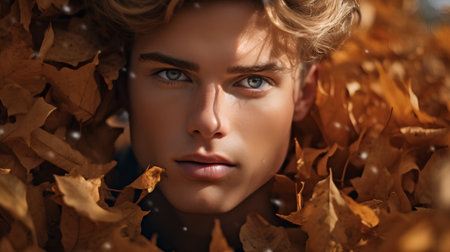 Close up portrait of beautiful young woman in autumn leaves. Beauty, fashion.の素材