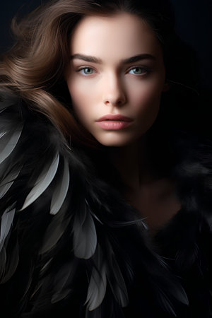 Portrait of beautiful young woman with black feathers. Fashion photo.の素材